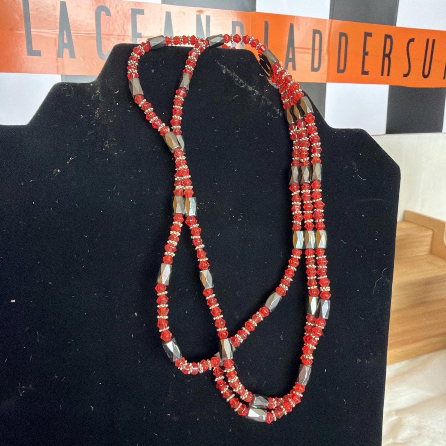 Long Magnetic Hematite & Pink Cats Eye Beaded Necklace Wrap Bracelet