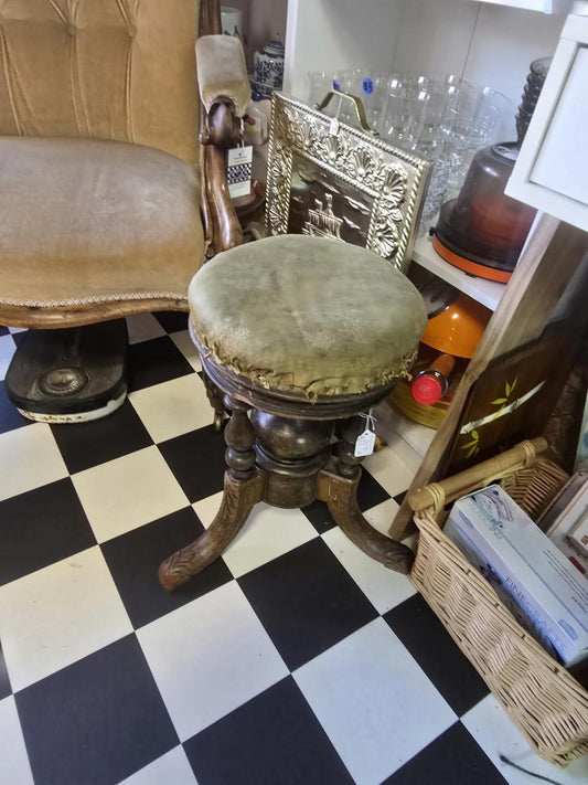 Victorian Mahogany  Upholstered Carved Piano Stool Flute columns 3 Splayed Legs