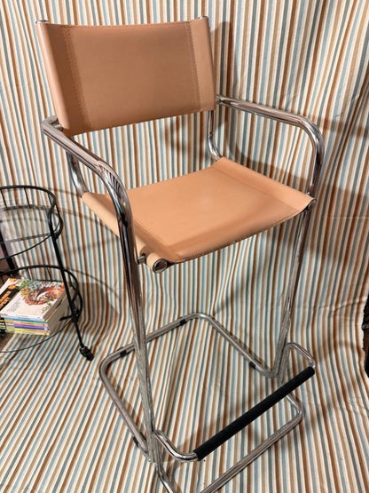 Vintage Tubular Chrome Leather Bar Stool Mart Stam Bauhaus Style, Italian MCM