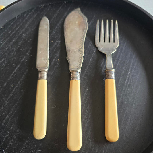 Vintage Cutlery Set with Yellow Handles Real Silver AND Epsn - 3 Pieces