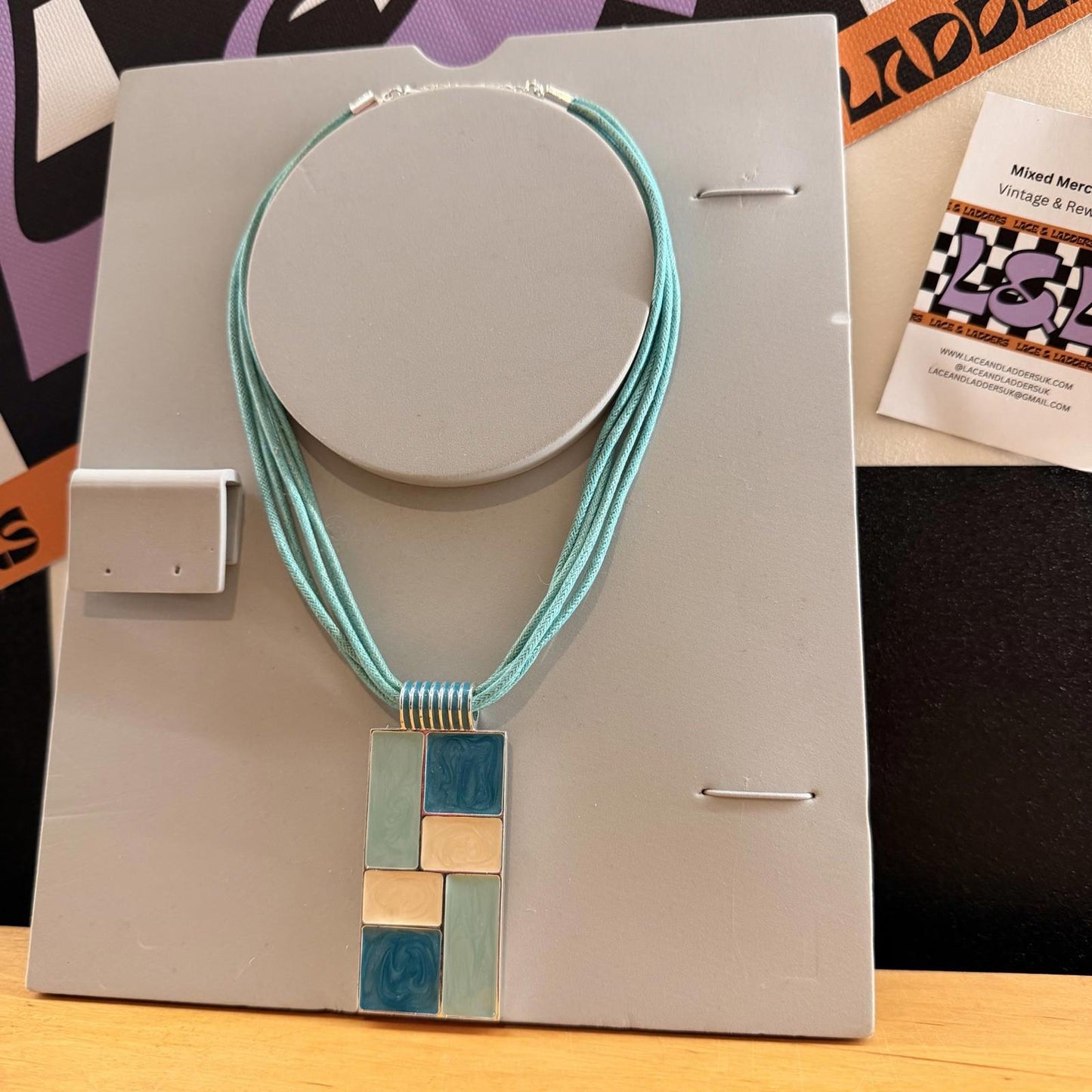 Vintage WOMENS NECKLACE TURQUOISE SEA FOAM ENAMELED Square Charm w/ Multi Rope