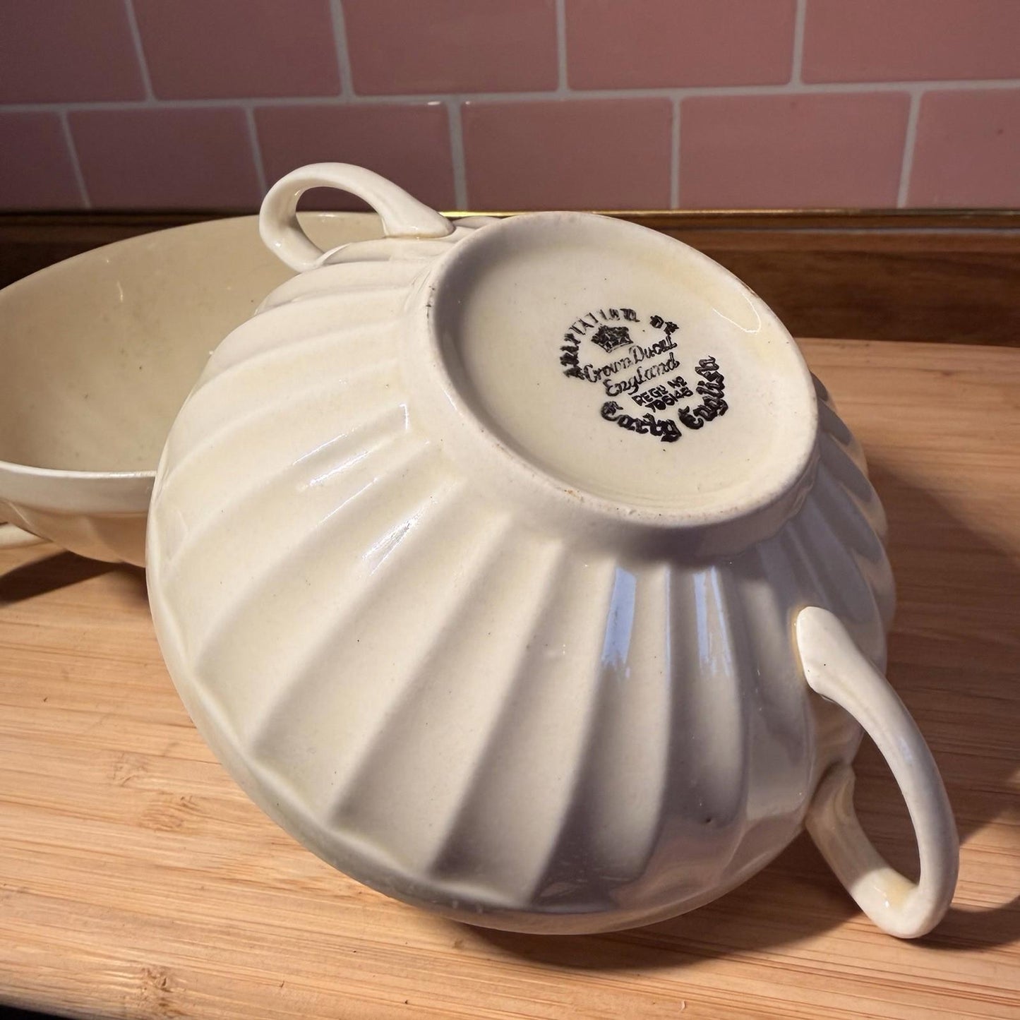 Crown Ducal Ribbed Soup Bowl Pair Art Deco Antique Cream early english rare