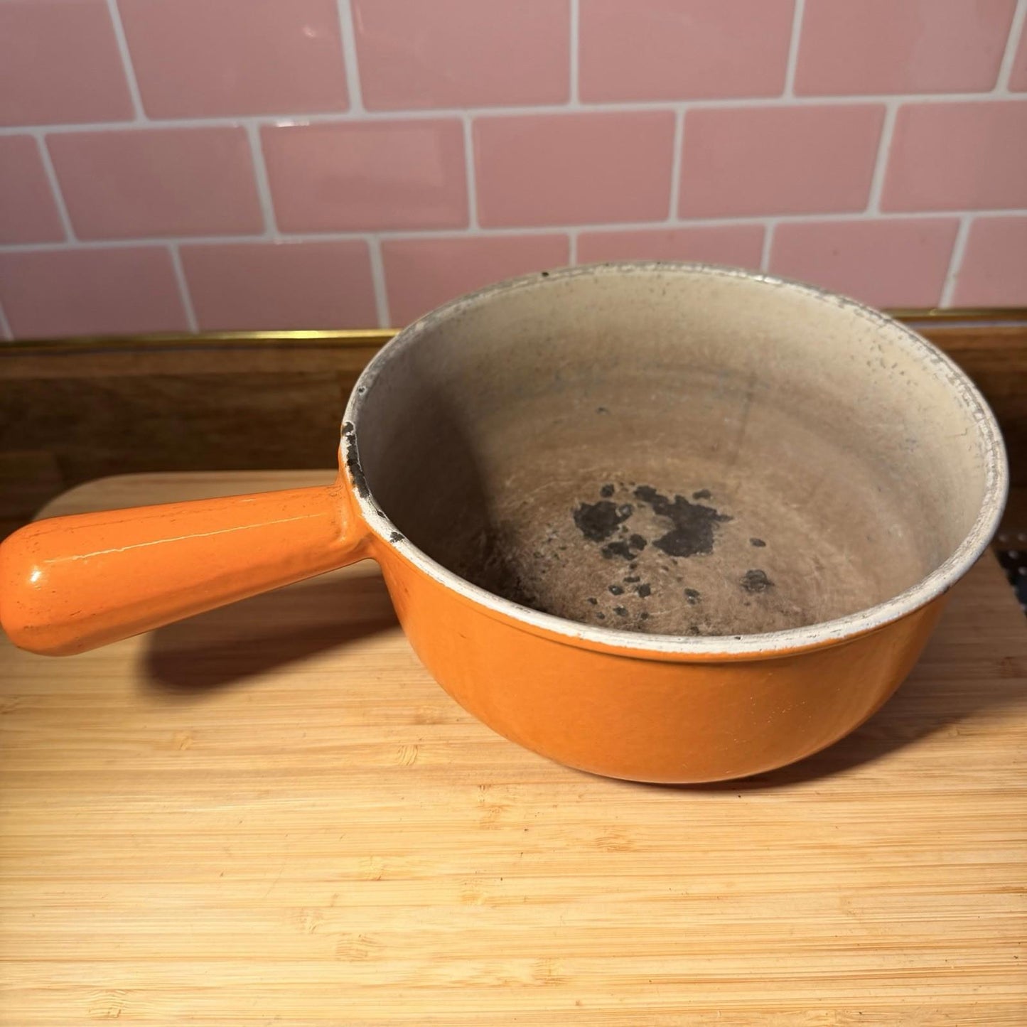 Cast Iron Enamel Antique Saucepan Vintage Kitchenalia Country Kitchen orange