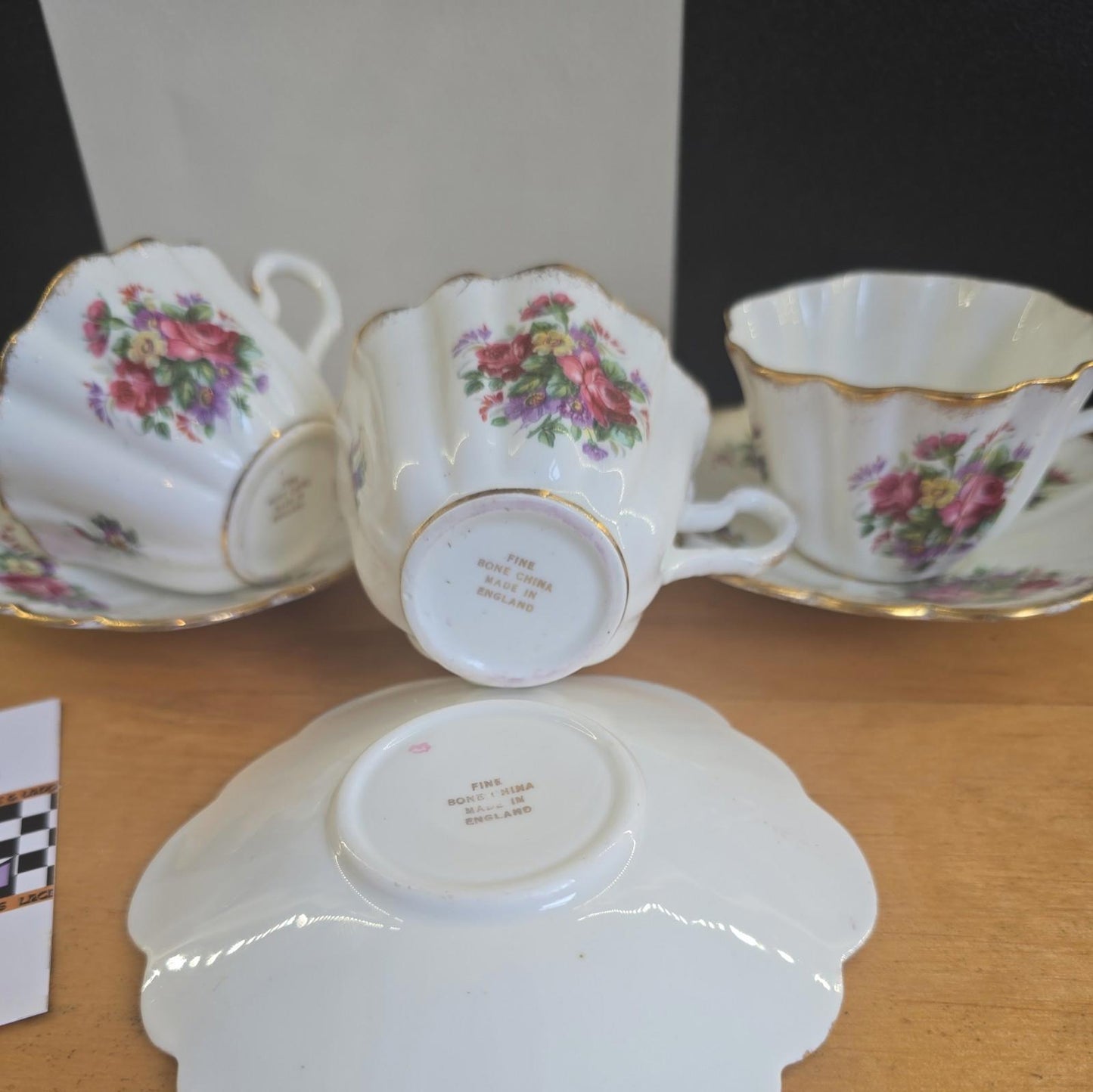 Vintage Antique Fine Bone China Tea Saucer & Set x3 England Brama Roses Gold Rim