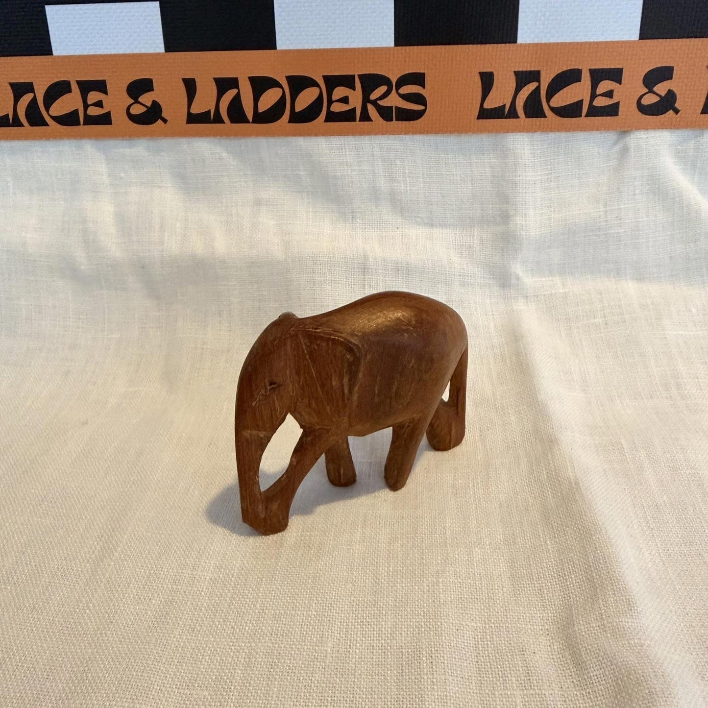 Vintage Hand Carved Wooden Elephant with Trunk mcm ornament