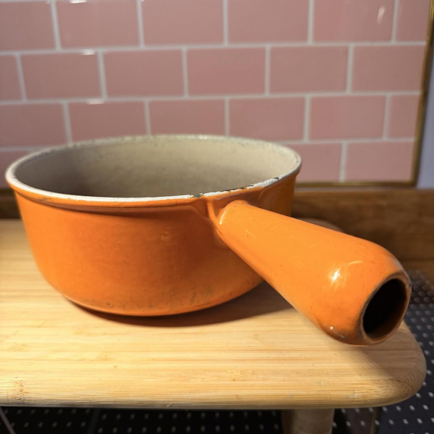 Cast Iron Enamel Antique Saucepan Vintage Kitchenalia Country Kitchen orange