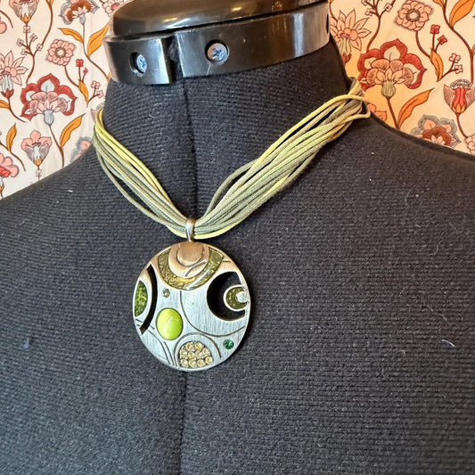 pendant necklace on rope chain string 90s y2k style green and black circle