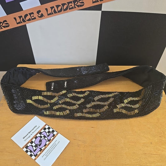 1980s Hand Made Beaded Belt Waist Belt 91cm Long Vintage Black & Gold