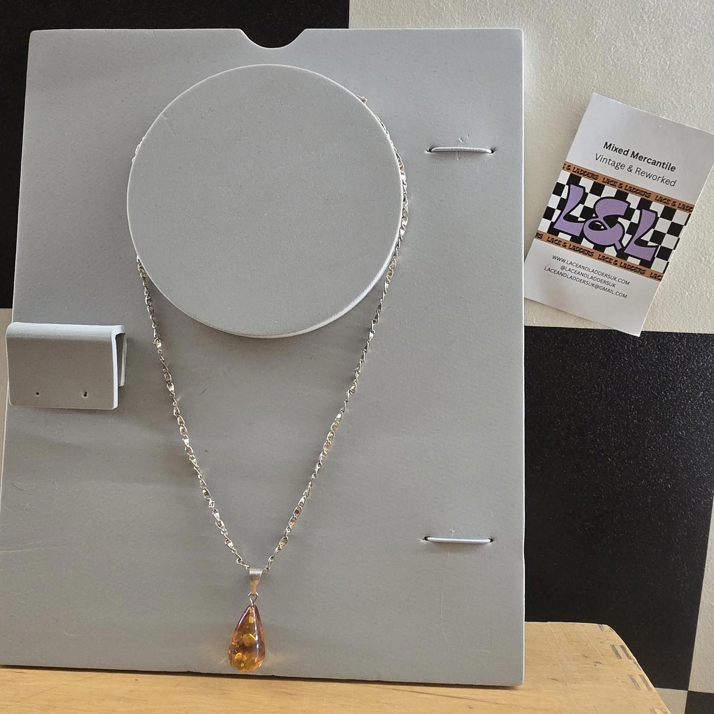 Zoria Baltic Amber-Pendant-Cognac Colour-925 Sterling Silver chain vintage