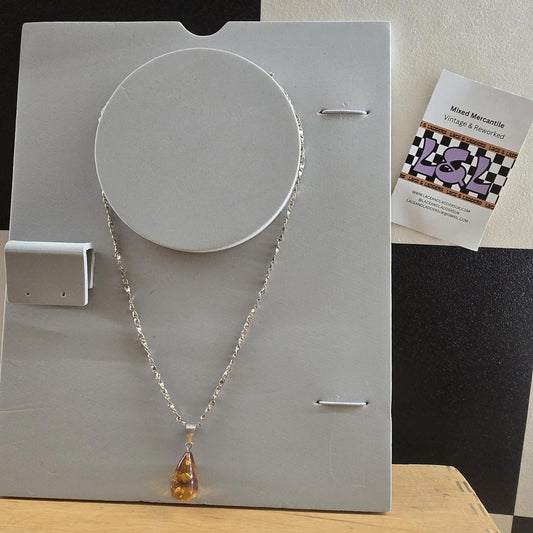 Zoria Baltic Amber-Pendant-Cognac Colour-925 Sterling Silver chain vintage