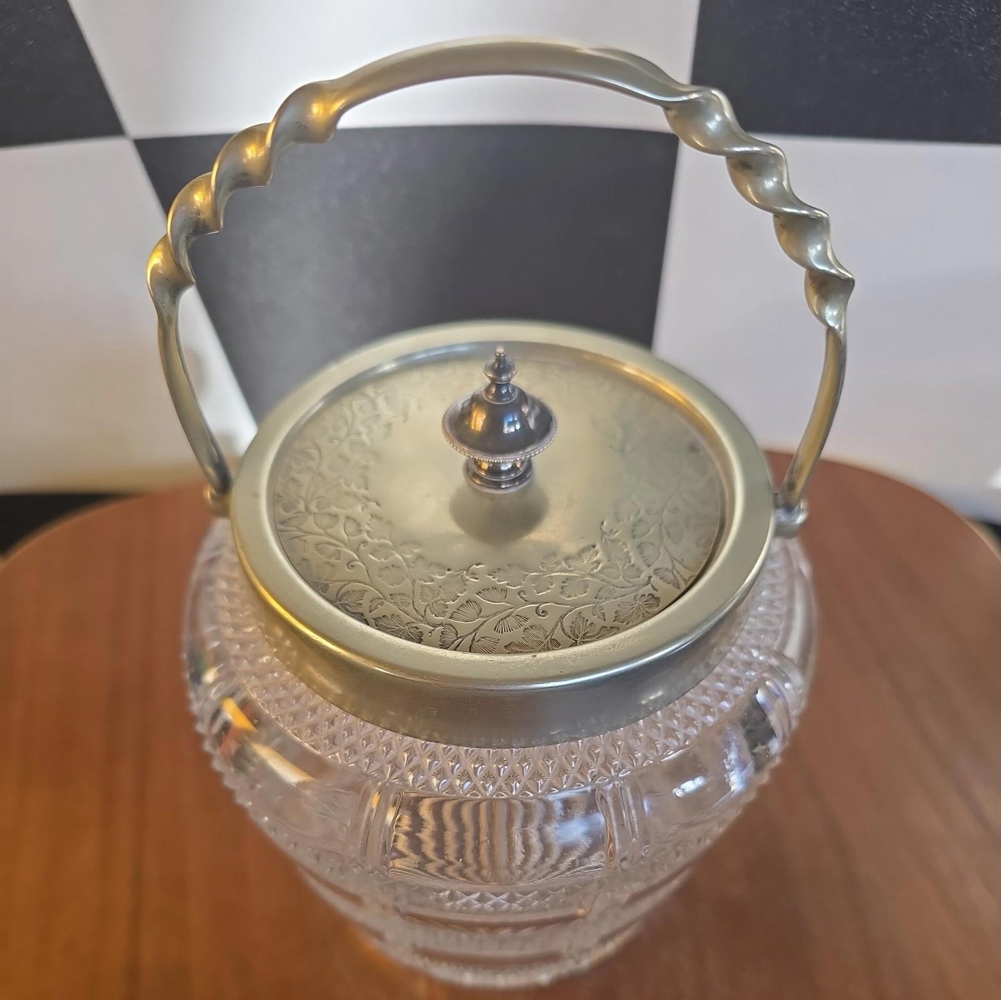 ANTIQUE CRYSTAL & SILVER PLATE cut glass BISCUIT BARREL & LID