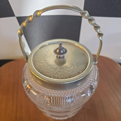 ANTIQUE CRYSTAL & SILVER PLATE cut glass BISCUIT BARREL & LID
