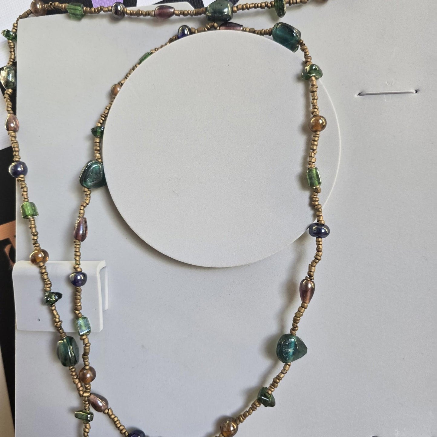 Vintage Costume Long Beaded Green and Brown Necklace Jewellery