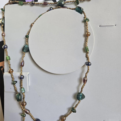 Vintage Costume Long Beaded Green and Brown Necklace Jewellery