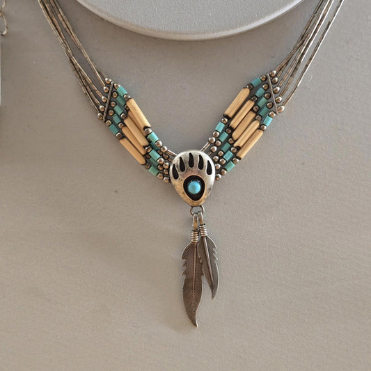 Vintage Carolyn Pollack Southwestern Liquid Silver Stone Claw Feather Necklace