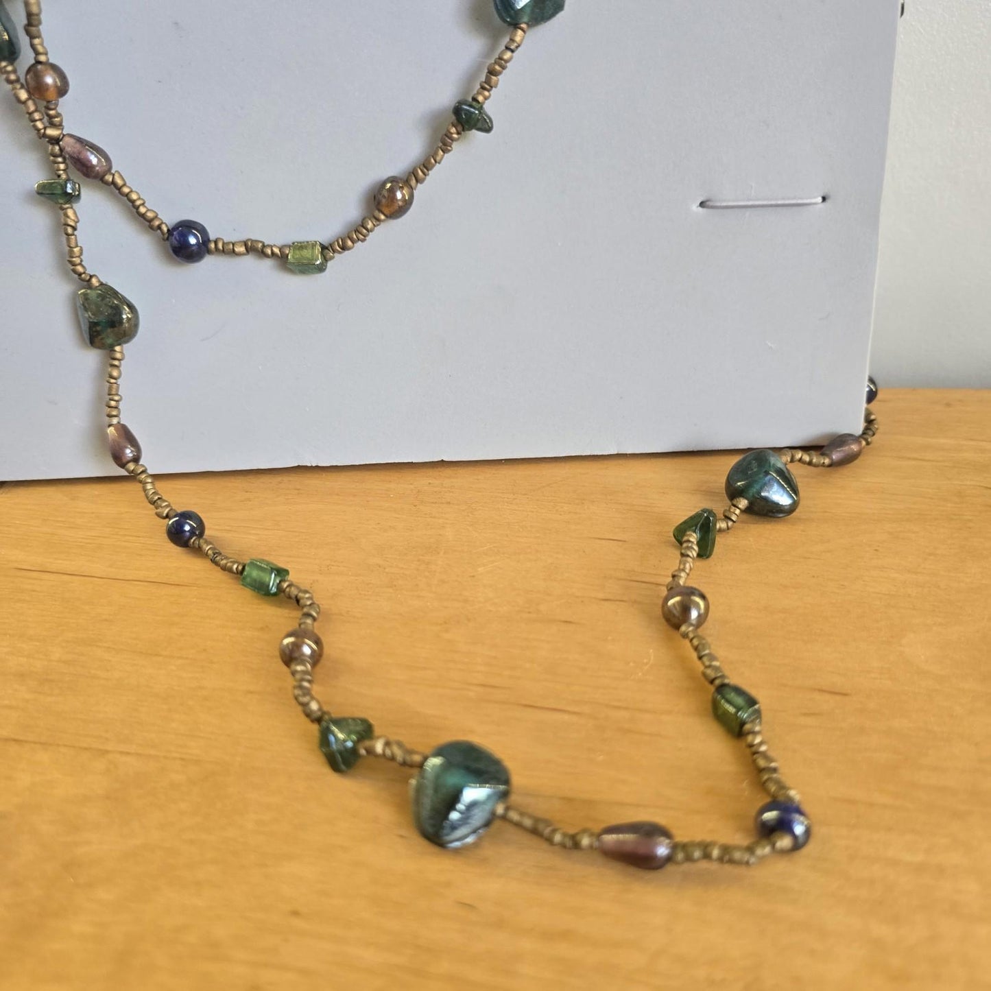 Vintage Costume Long Beaded Green and Brown Necklace Jewellery