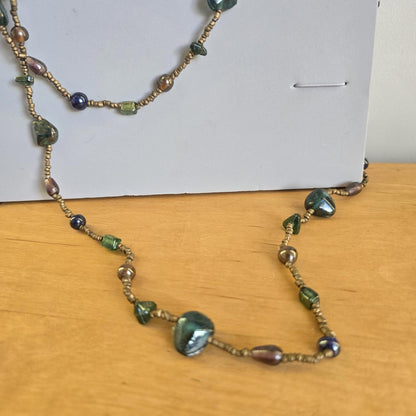 Vintage Costume Long Beaded Green and Brown Necklace Jewellery