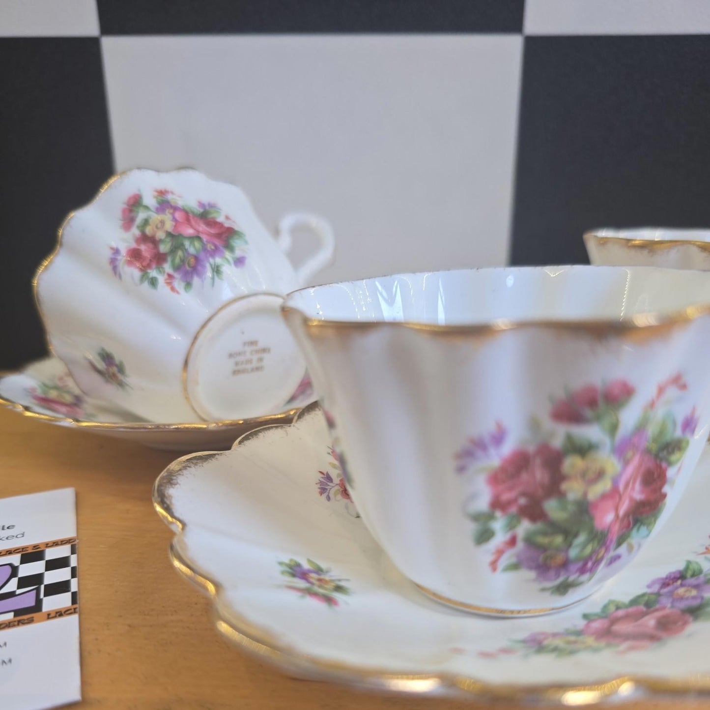 Vintage Antique Fine Bone China Tea Saucer & Set x3 England Brama Roses Gold Rim