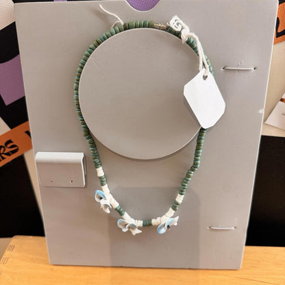 Pula Shell Turquoise Necklace with Blue Flowers Vintage 80s