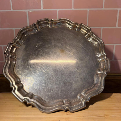 VINTAGE EPNS SILVER PLATED ENGRAVED SERVING TRAY ORNATE SCALLOPED EDGE claw foot
