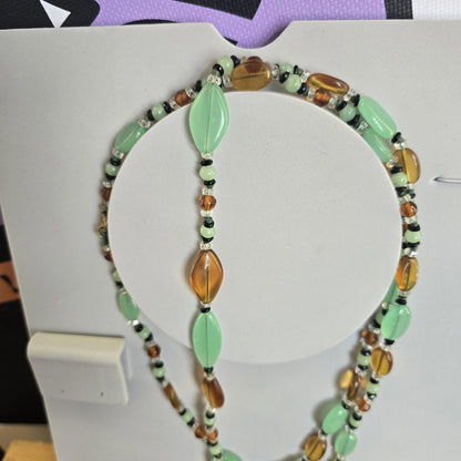 Vintage Mint Green and Amber Beaded Long Necklace Costume Jewellery Retro