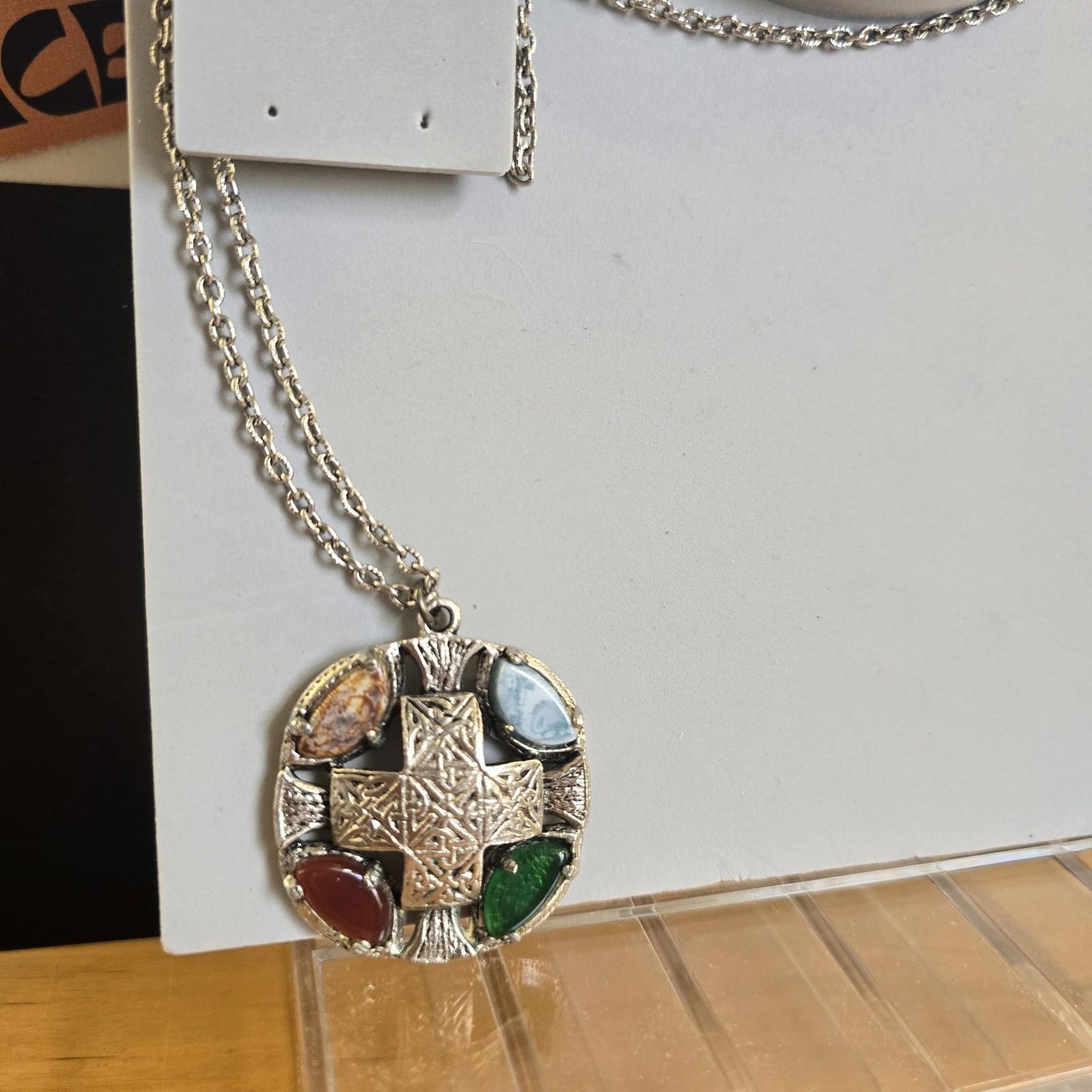 Vintage Celtic Agate Silver Necklace Real Stone Necklace On Chain