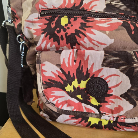 Kipling Brown Floral Crossbody Bag with Monkey Keyring 17” X 11” Ex Con