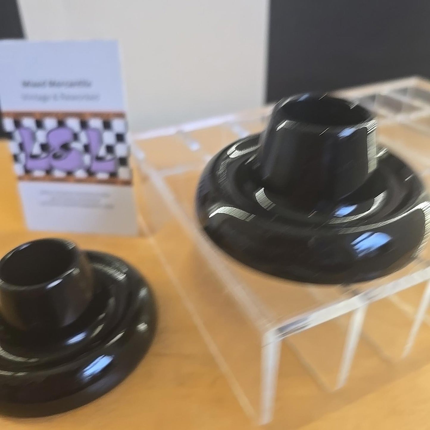 Vintage MCM Black Ceramic Candle Holder X2