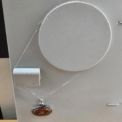 Cognac / Brown BALTIC AMBER Oval Pendant 925 STERLING SILVER Vintage Large