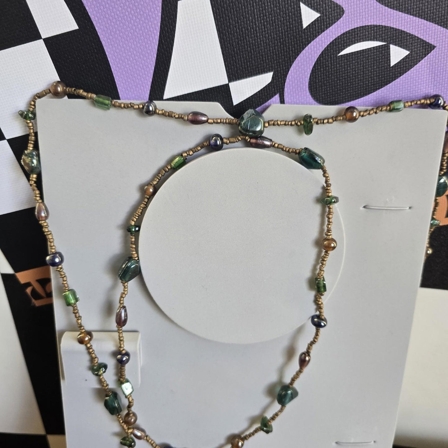 Vintage Costume Long Beaded Green and Brown Necklace Jewellery