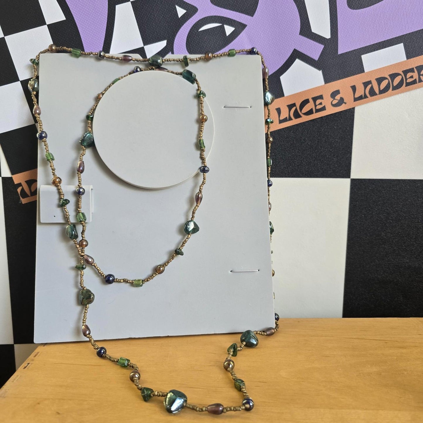 Vintage Costume Long Beaded Green and Brown Necklace Jewellery