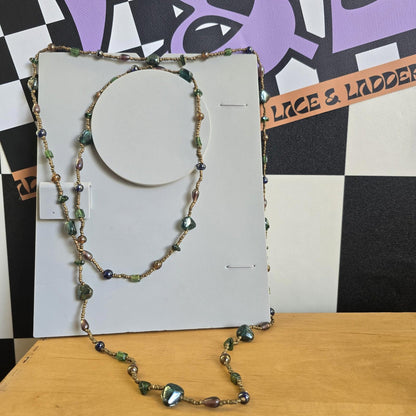 Vintage Costume Long Beaded Green and Brown Necklace Jewellery