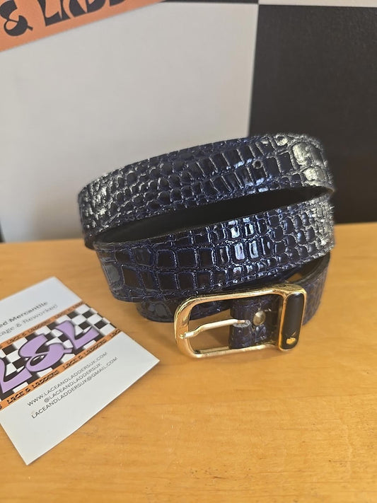 Caiman Real Leather Belt Croc Skin Navy And Gold Vintage