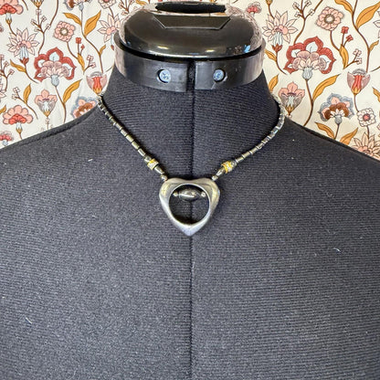 vintage Haematite Heart Pendant Necklace With Orange Gemstone y2k