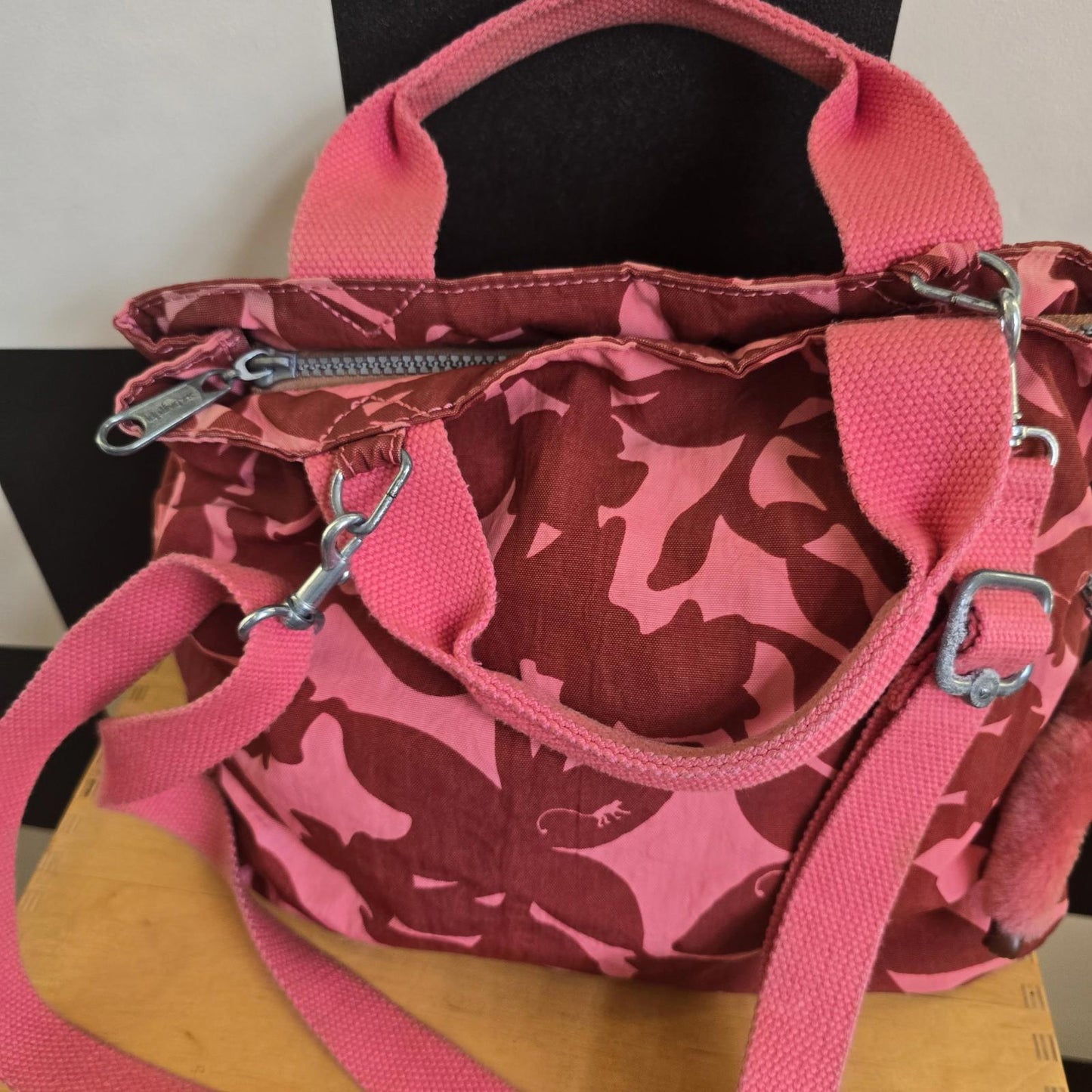 Kipling Floral Cross Body Handbag And Monkey Grey , red Leaves Pink Flowers