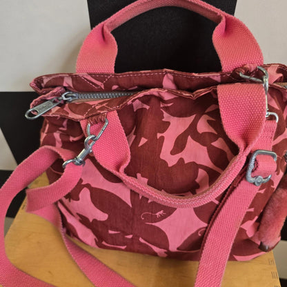 Kipling Floral Cross Body Handbag And Monkey Grey , red Leaves Pink Flowers