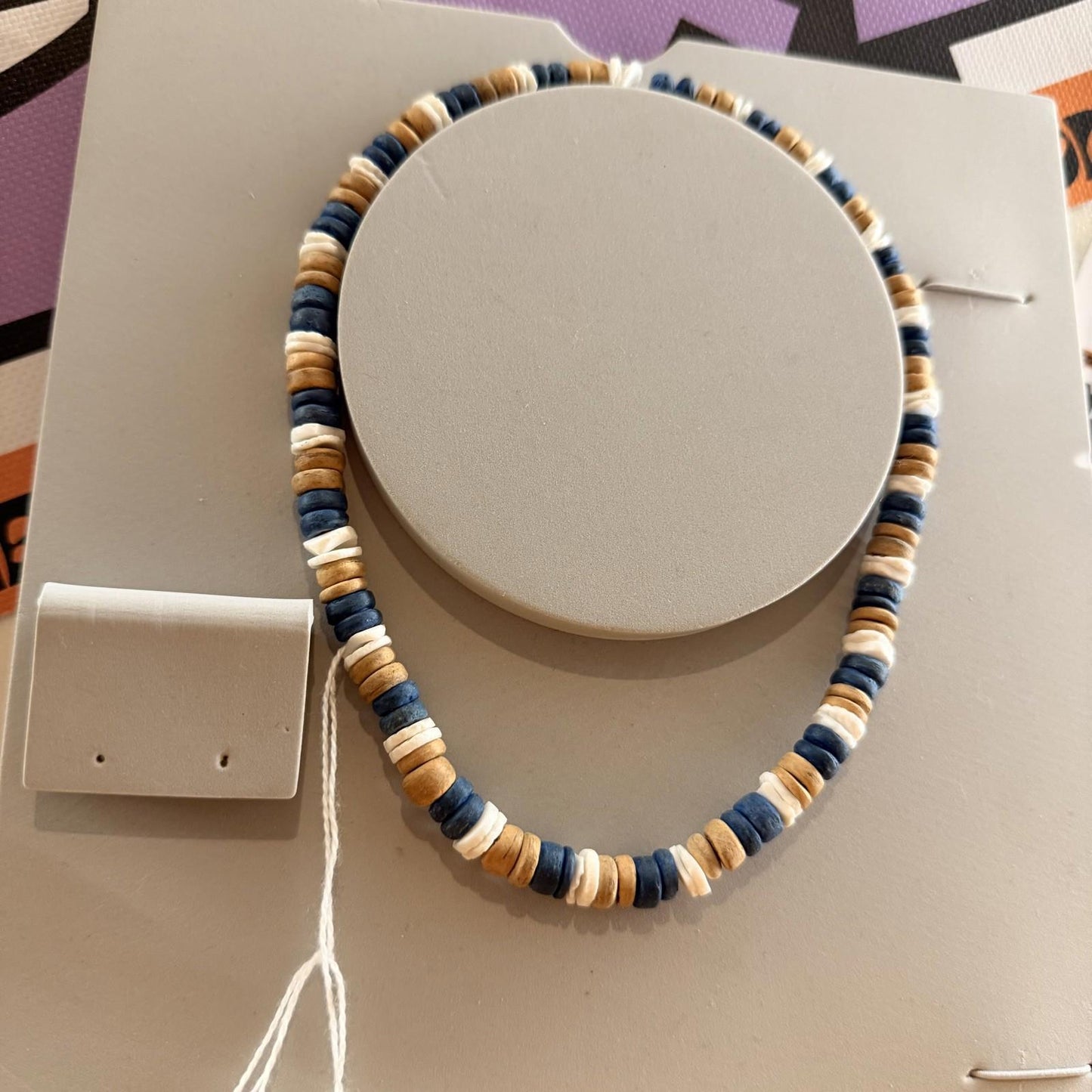 Vintage wooden beads necklace blue and beige natural handmade 18''