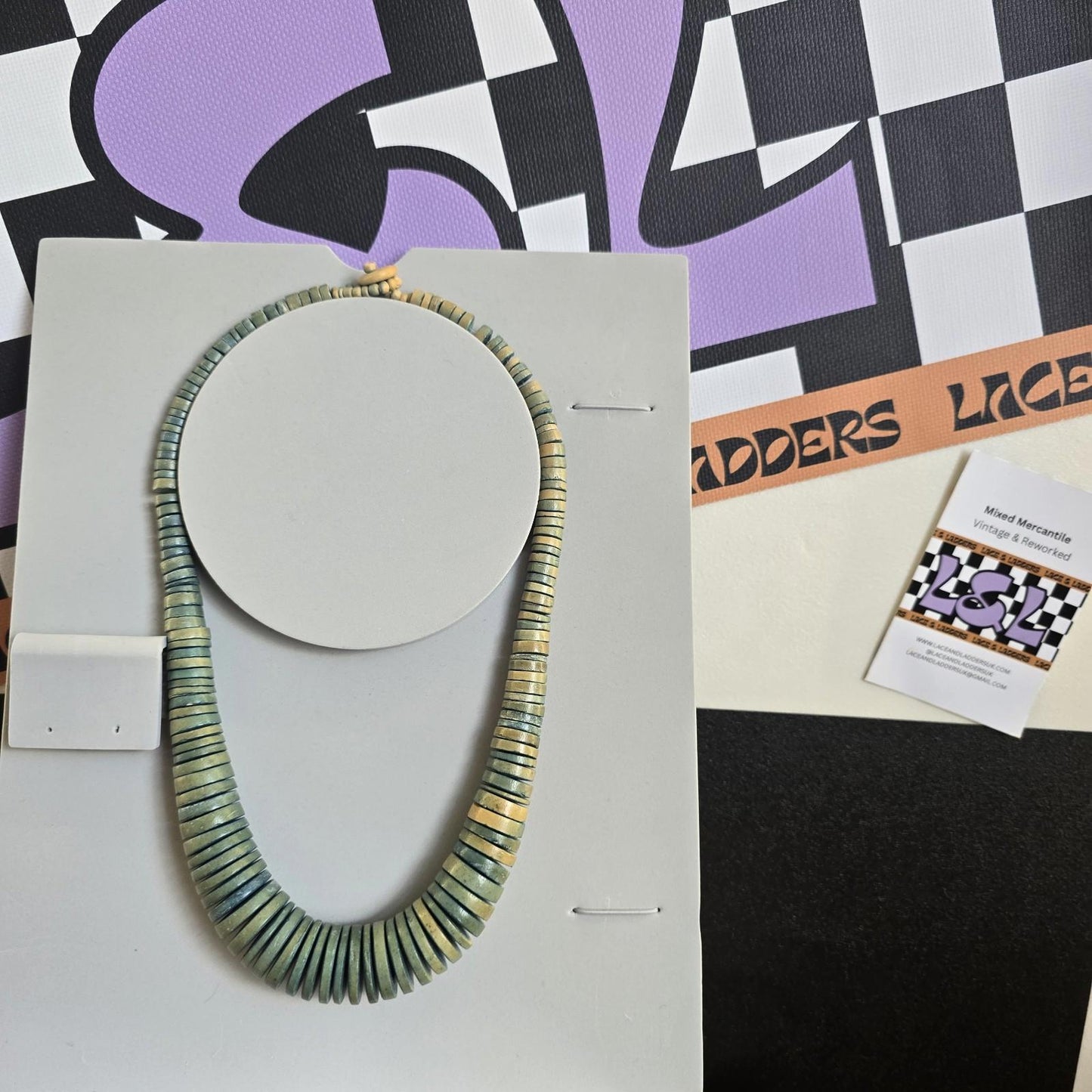 Vintage Wooden Disc Necklace Turquoise Jewellery Boho Hippie