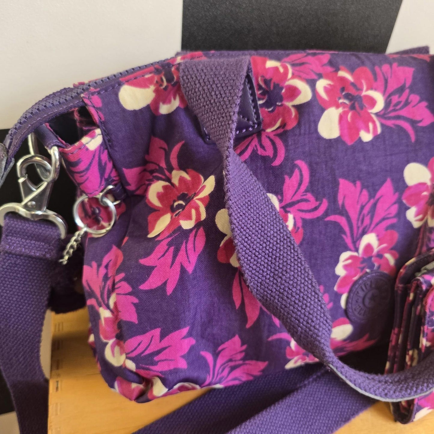 Kipling Medium Handbag In Purple And Pink Multi-print with matching PURSE