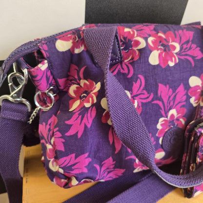 Kipling Medium Handbag In Purple And Pink Multi-print with matching PURSE