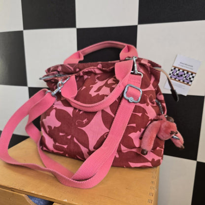 Kipling Floral Cross Body Handbag And Monkey Grey , red Leaves Pink Flowers