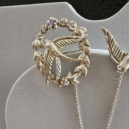 Antique Solid Silver Swallow Bird Brooch With Gemstones Plus Safety Swallow