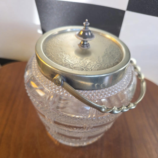 ANTIQUE CRYSTAL & SILVER PLATE cut glass BISCUIT BARREL & LID