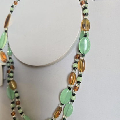 Vintage Mint Green and Amber Beaded Long Necklace Costume Jewellery Retro