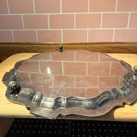 VINTAGE EPNS SILVER PLATED ENGRAVED SERVING TRAY ORNATE SCALLOPED EDGE claw foot