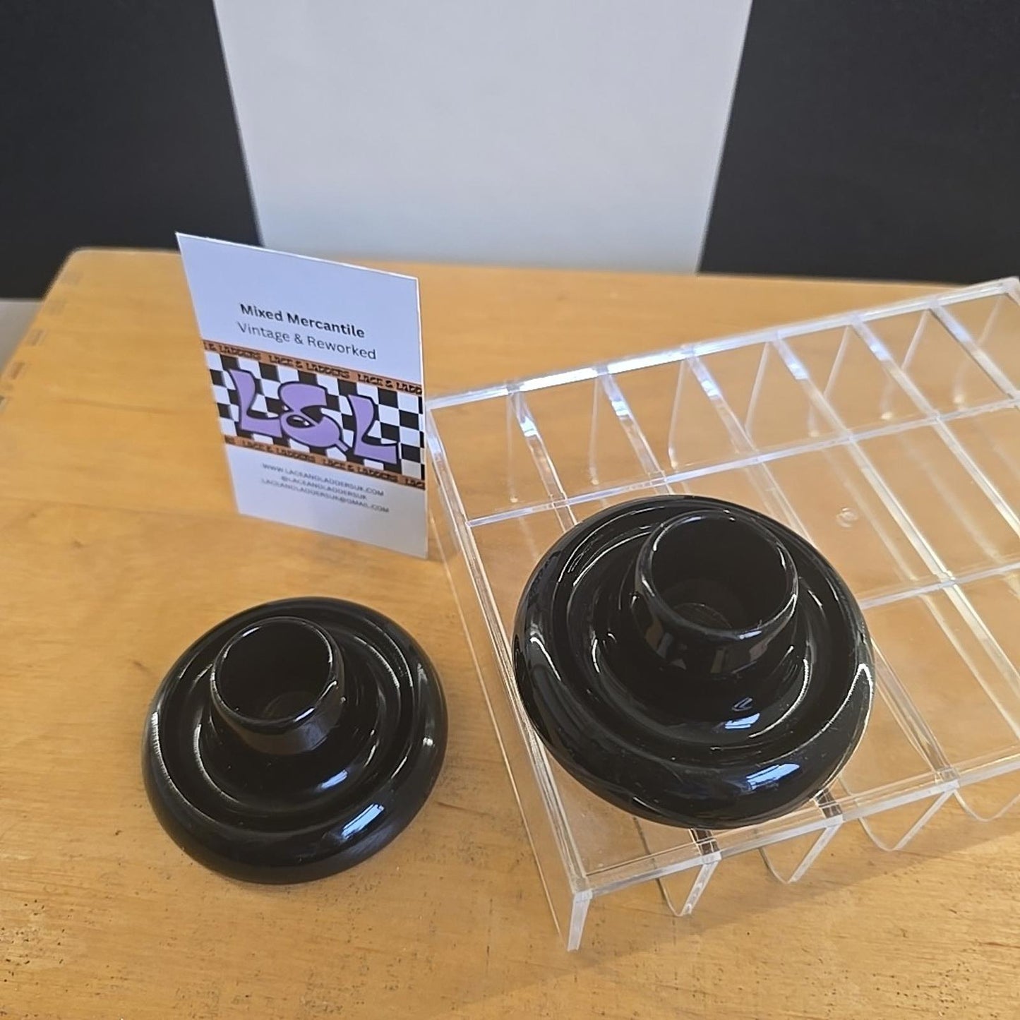 Vintage MCM Black Ceramic Candle Holder X2