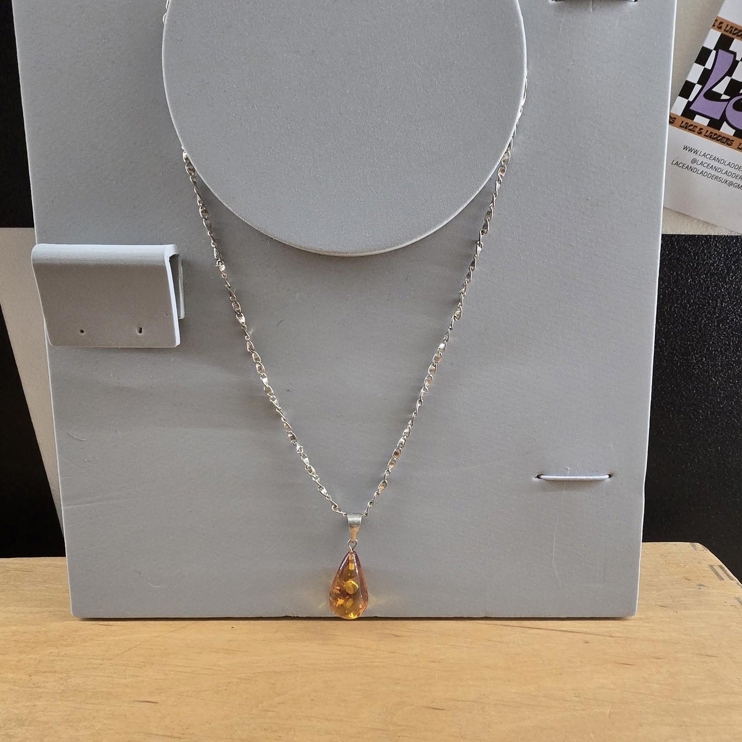 Zoria Baltic Amber-Pendant-Cognac Colour-925 Sterling Silver chain vintage