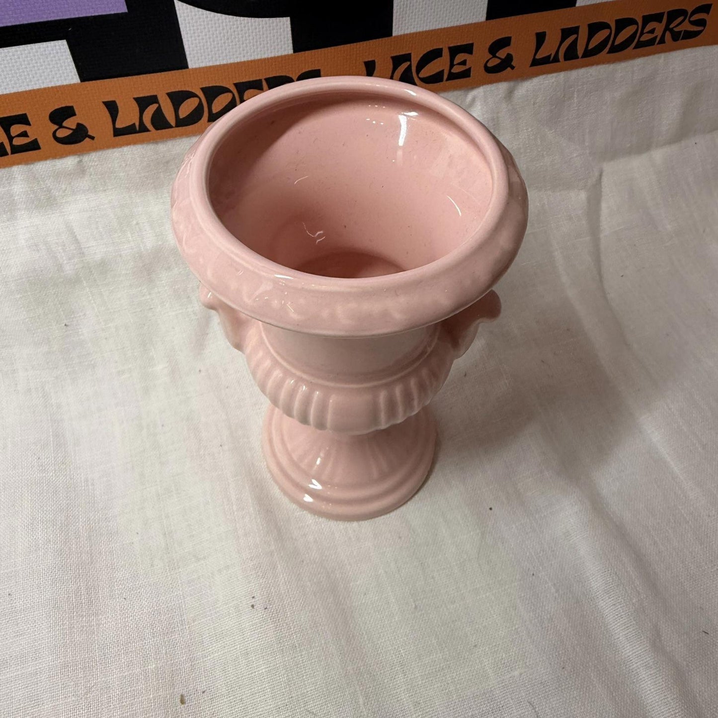 Vintage Dartmouth Potteries pink  Classical Ribbed Handled Rose Bowl Urn Vase