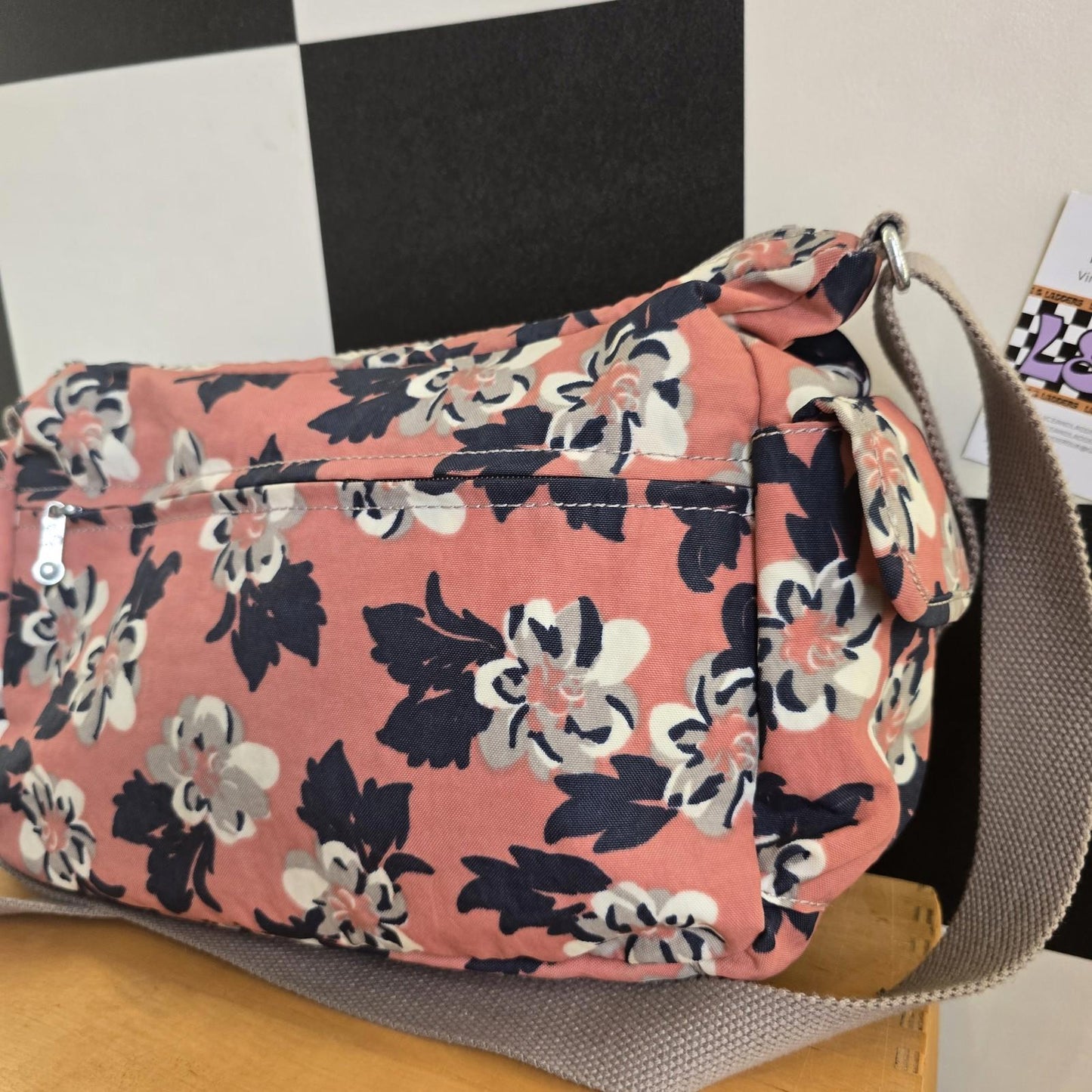 Kipling Cross Body Bag Peach Black Flowers Large With Monkey extra pockets