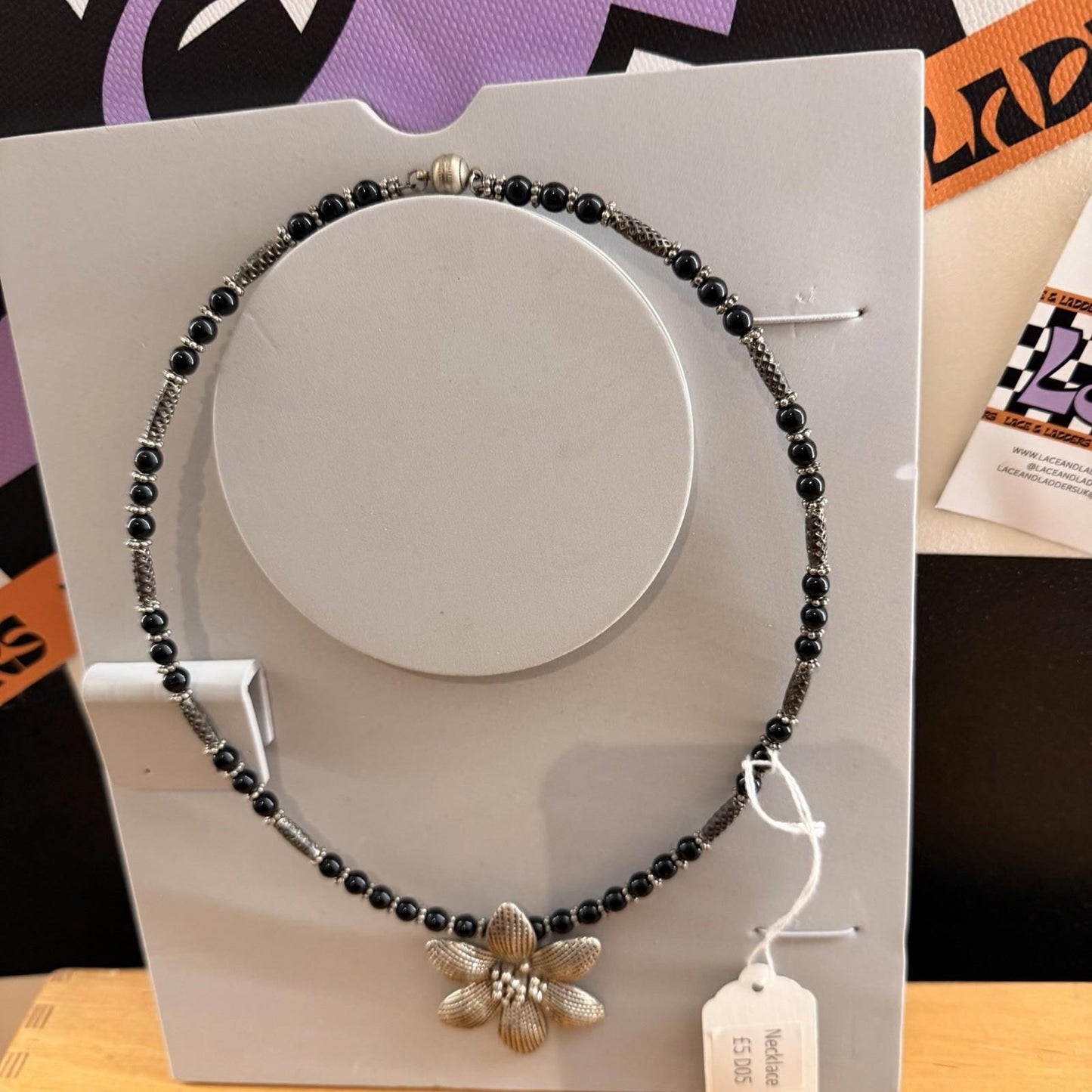 Vintage Black and Silver Tone Necklace with Large Flower Pendant Statement Piece